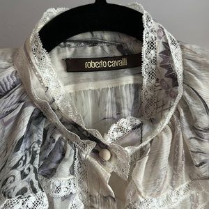 Robert Cavalli Grey printed Silk ruffled cream blouse